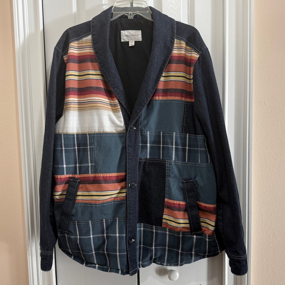 Sun & Stone Men’s XXL patchwork denim jacket southwest serape colors lined